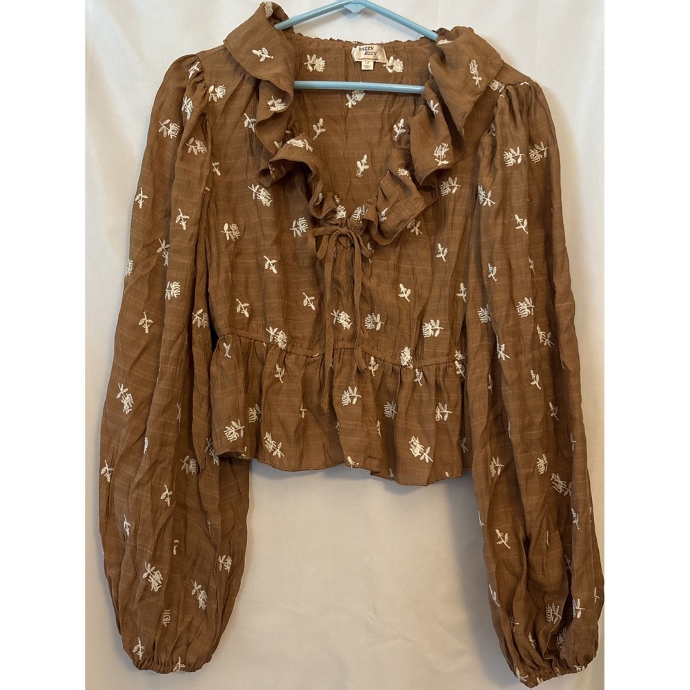 Dizzy Lizzy Ruffled Cropped Embroidered Blouse Sunflower Gypsy Boho Hippie LP
